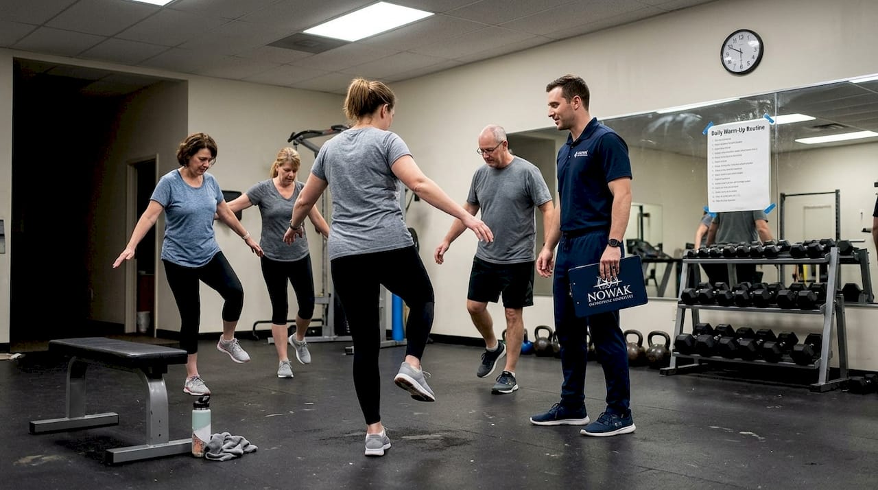 Athletes practice balance drills with therapist guidance