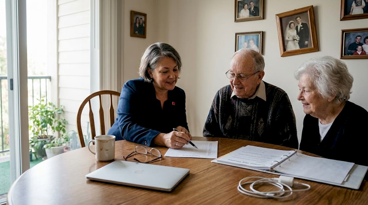Move manager talking with senior couple at table