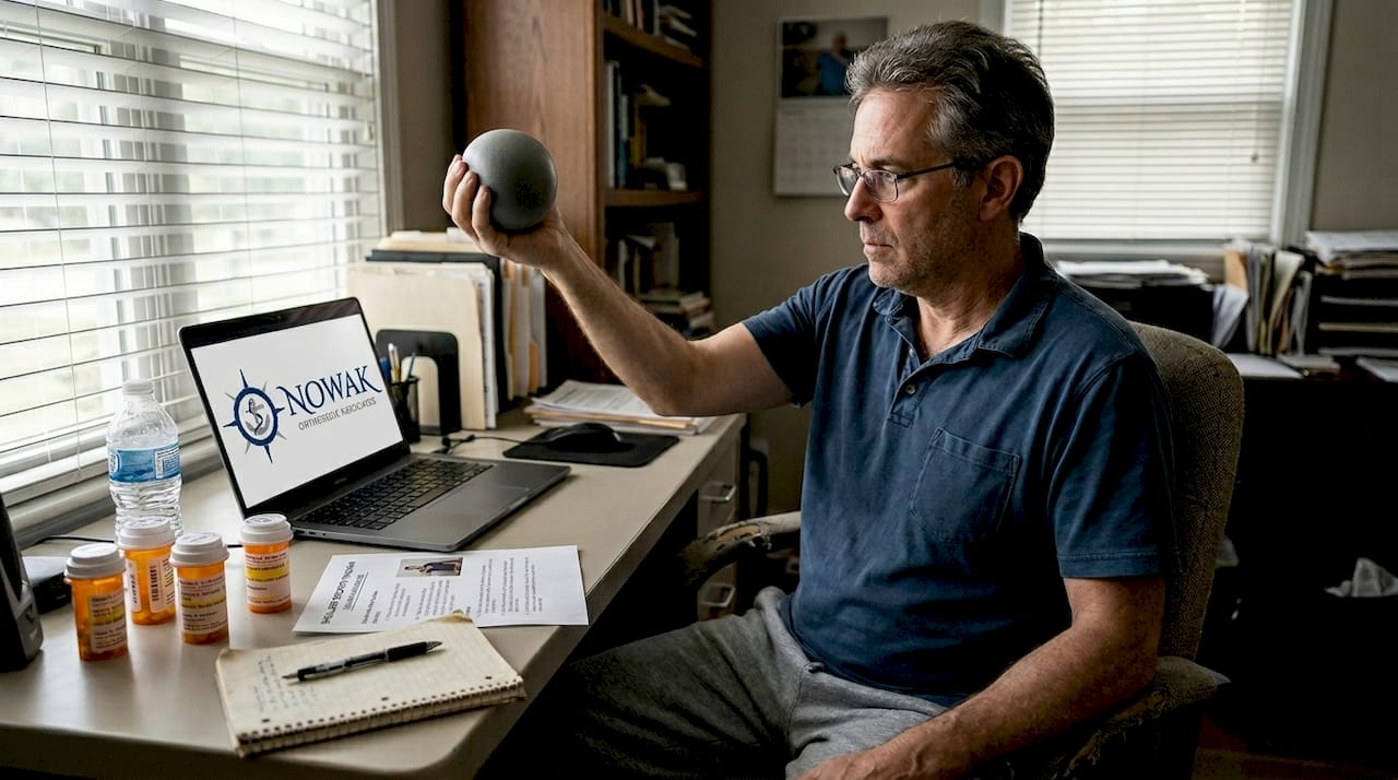 Man performing shoulder rehab exercises at home