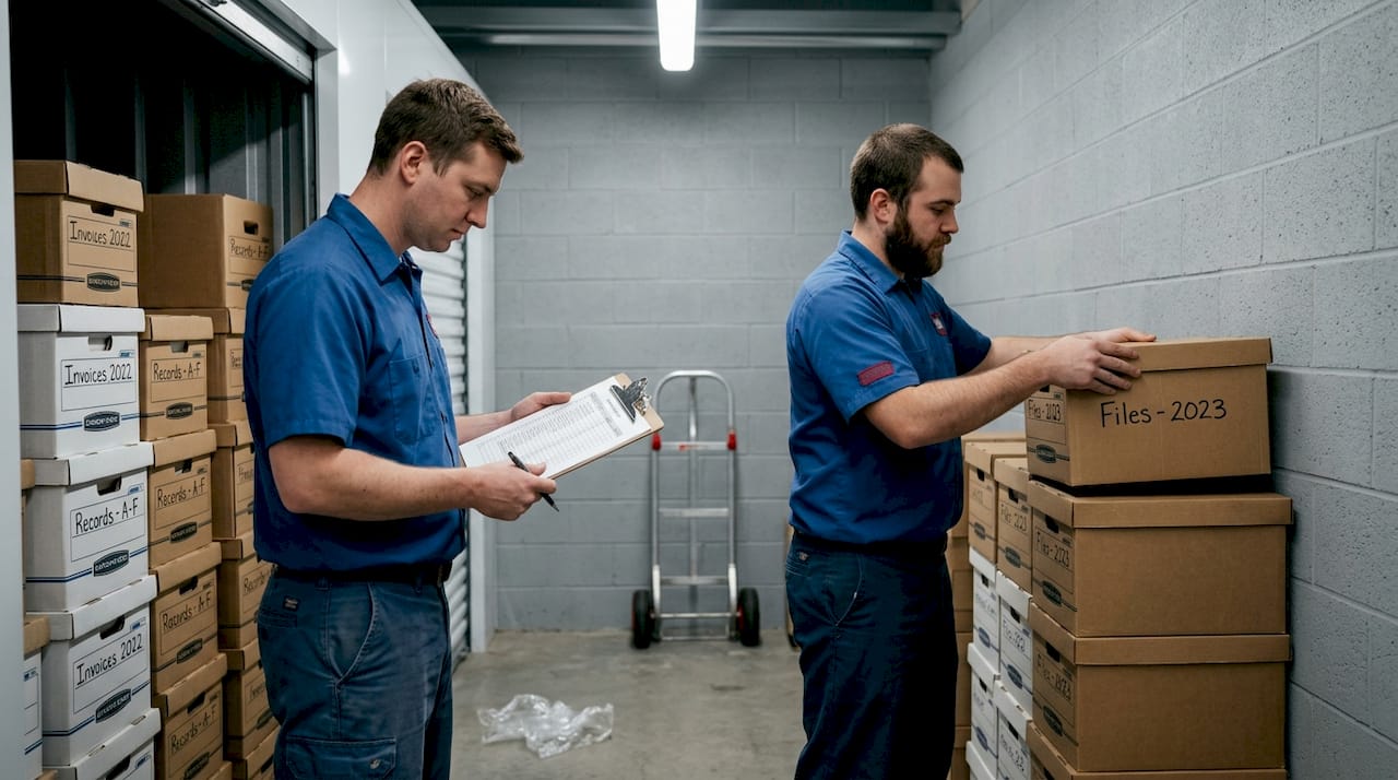 Movers stacking boxes in a storage locker