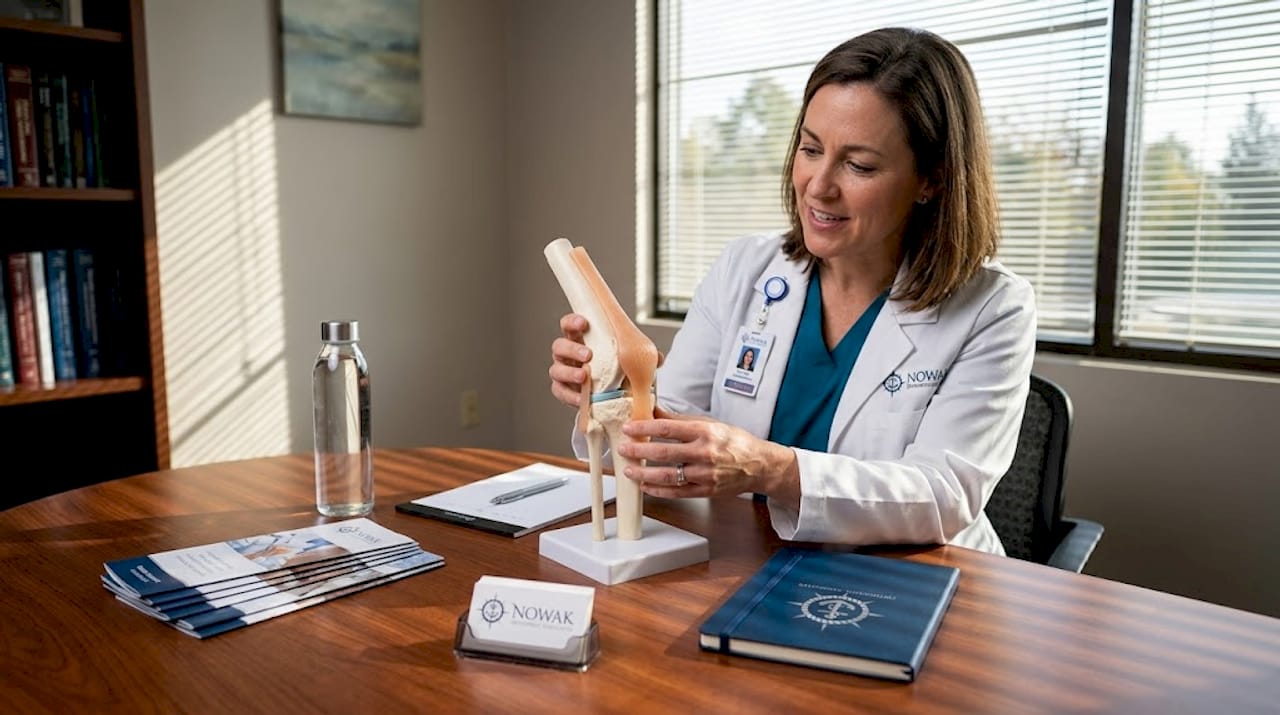 Doctor showing joint injection with model knee