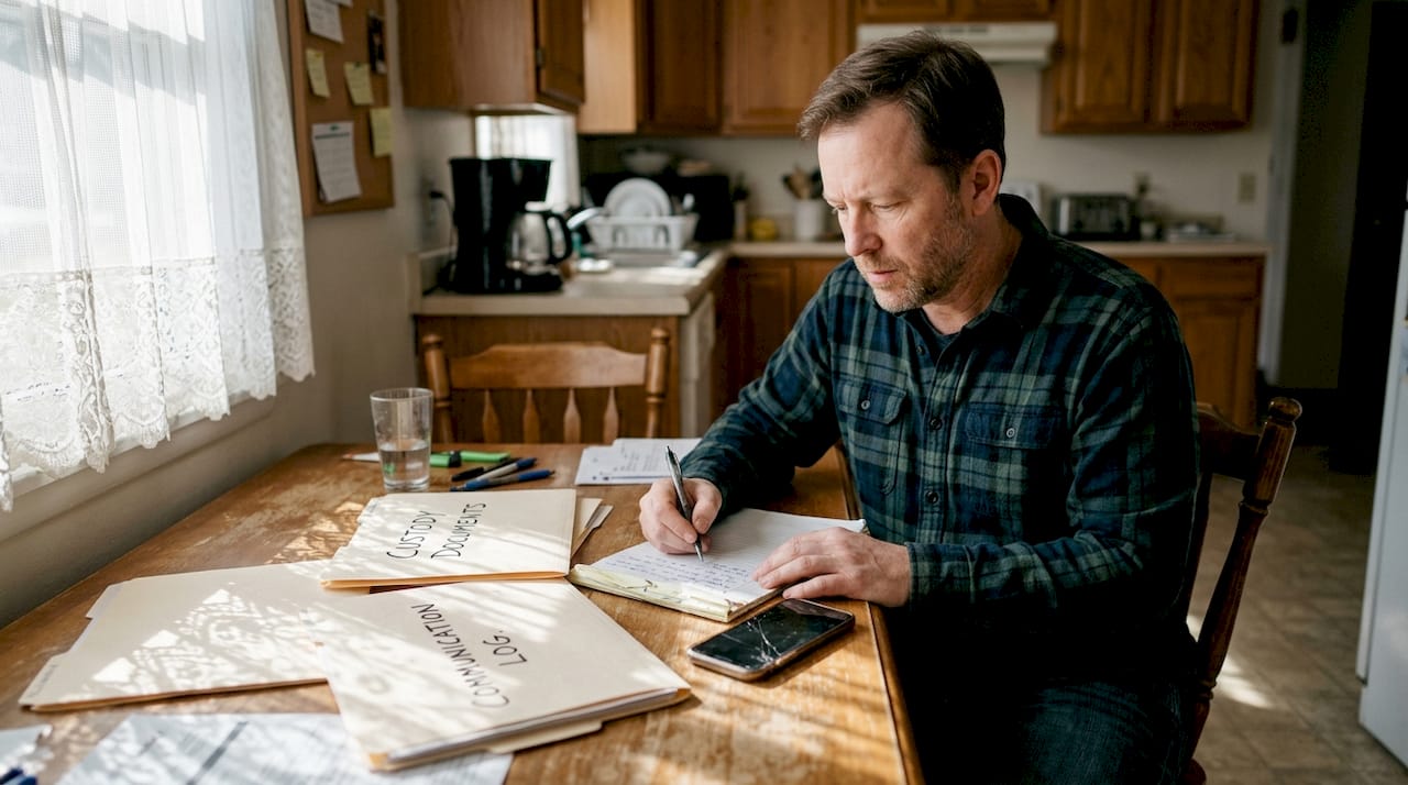 Parent organizing custody documentation at home