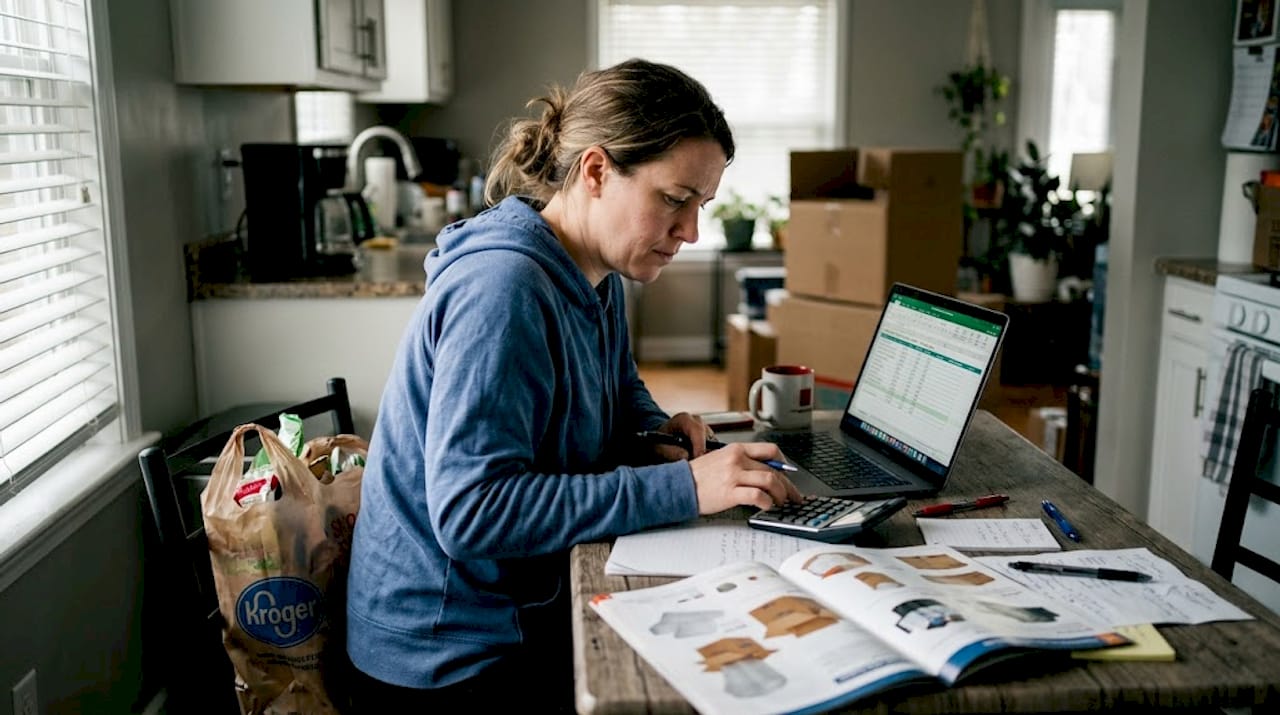 Person calculating moving expenses at kitchen table
