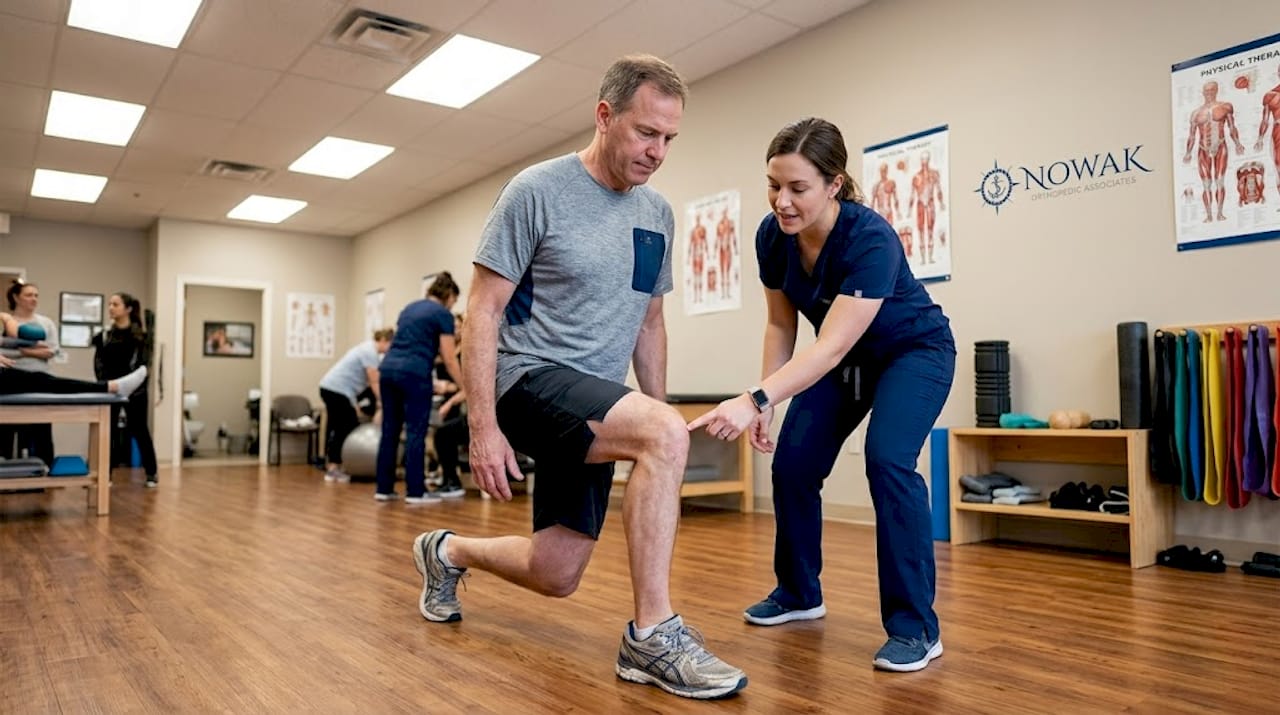 Therapist teaches lunge form at clinic