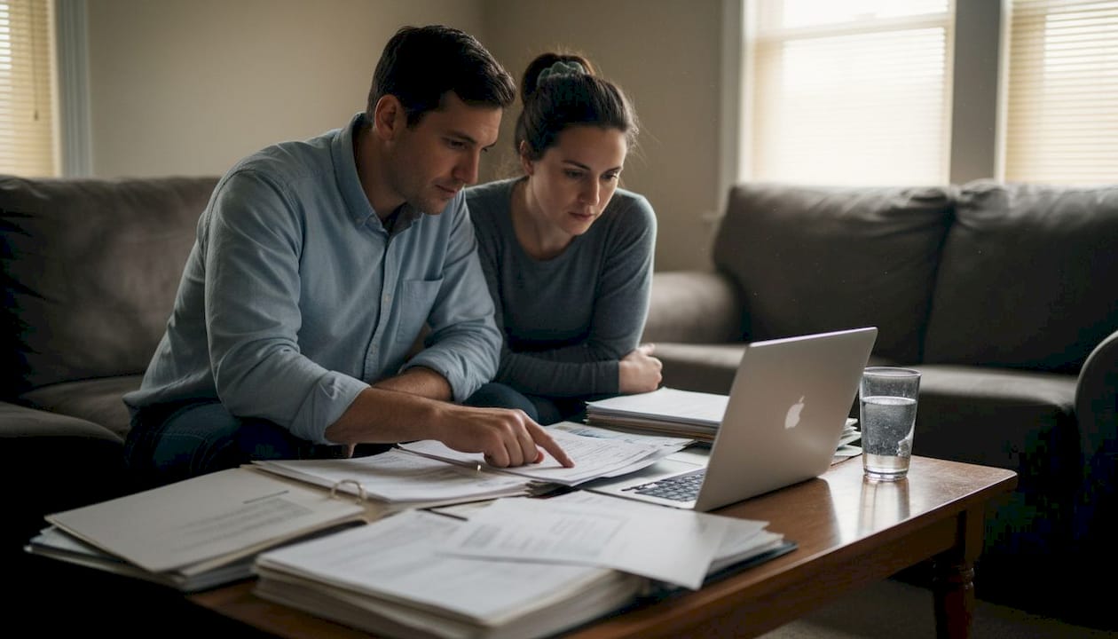 Couple exchanging financial documents for disclosure