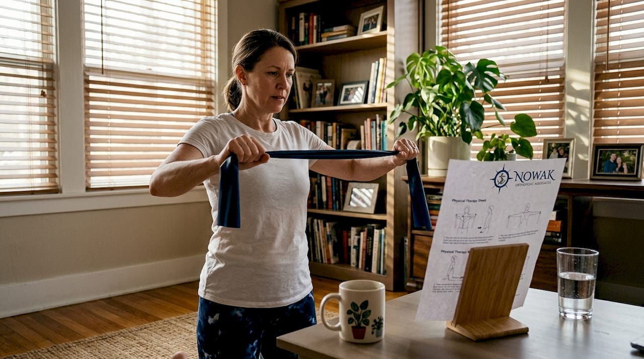 Woman performing home shoulder stretch