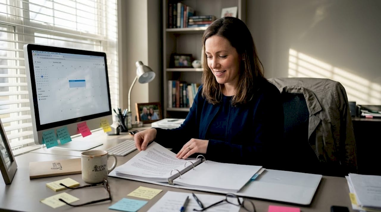 Woman organizing legal documents home office