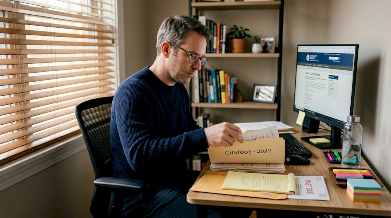 Father organizing custody documents at home office
