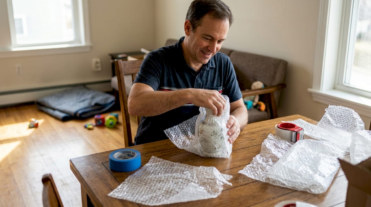 Tenant wrapping fragile antique vase for move