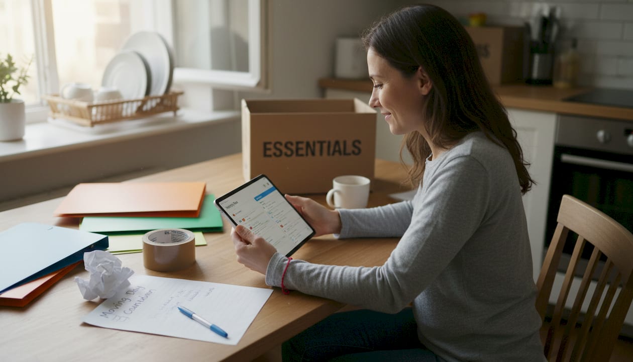 Moving checklist reviewed at kitchen table
