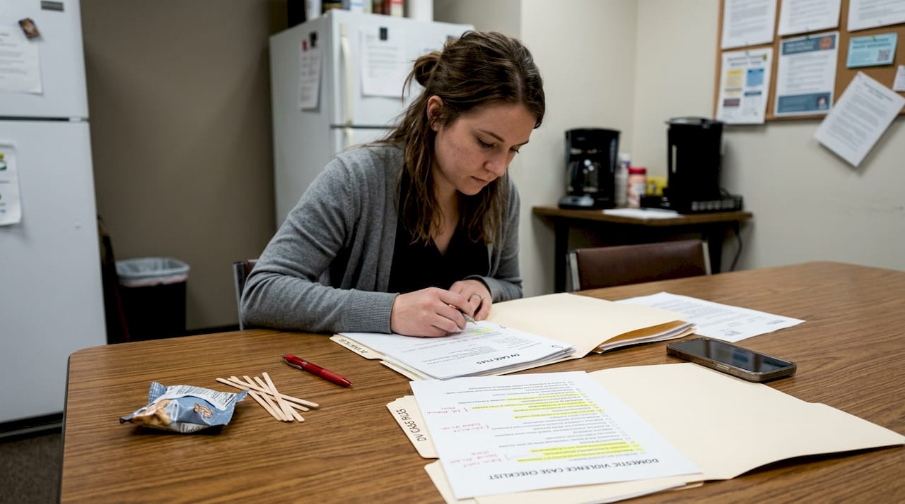 Paralegal reviewing legal paperwork at table