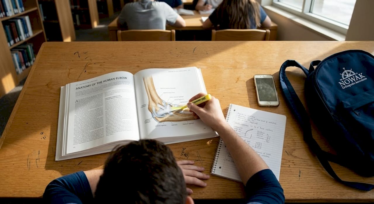 Book shows elbow ligament anatomy illustration