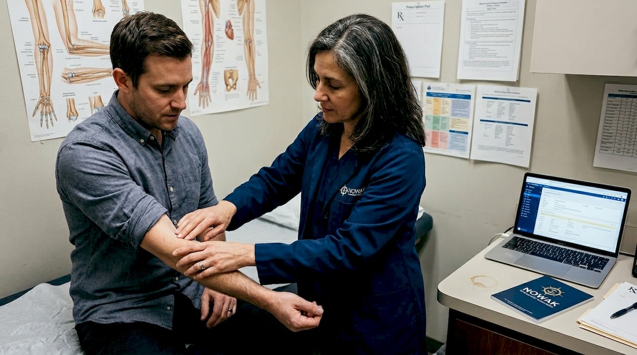 Doctor examines patient’s inner elbow in clinic