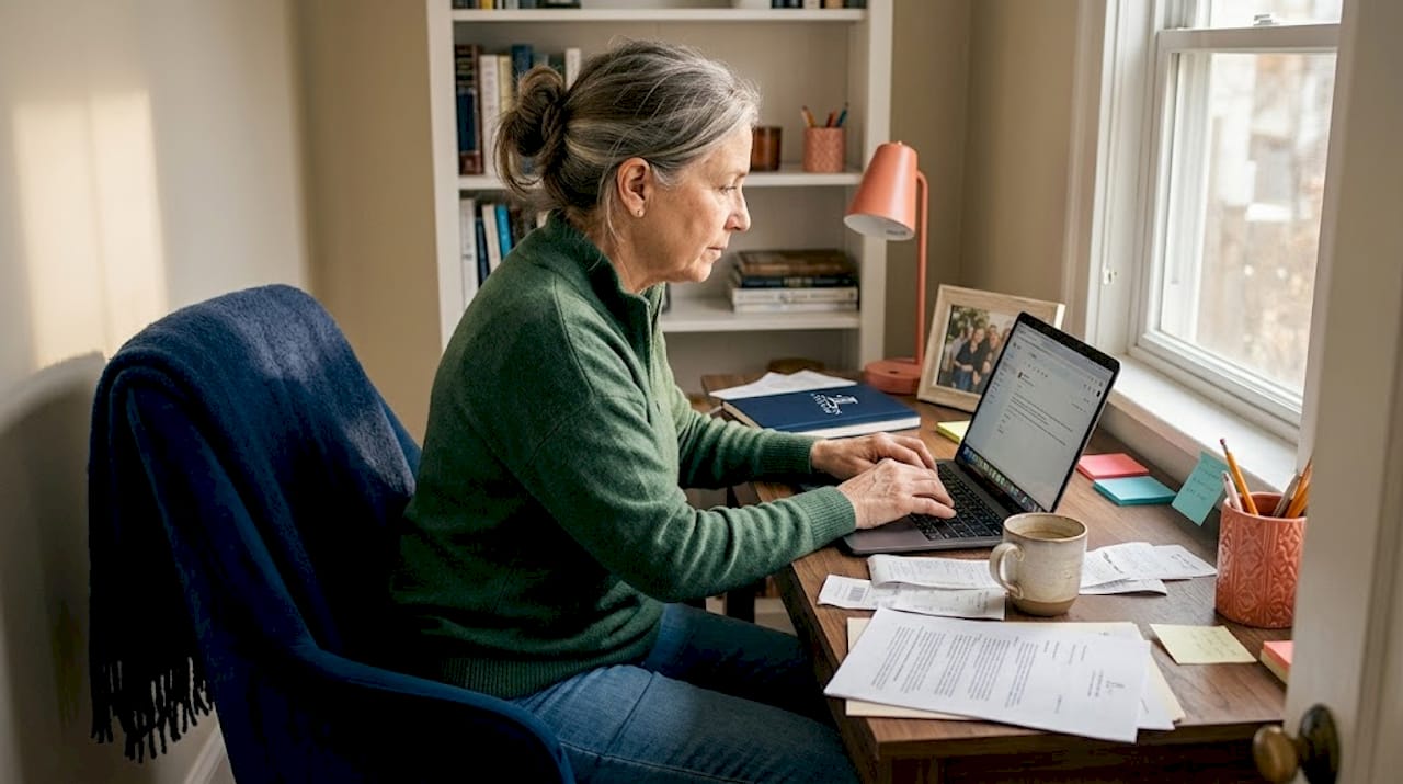 Grandmother working in home office on documents