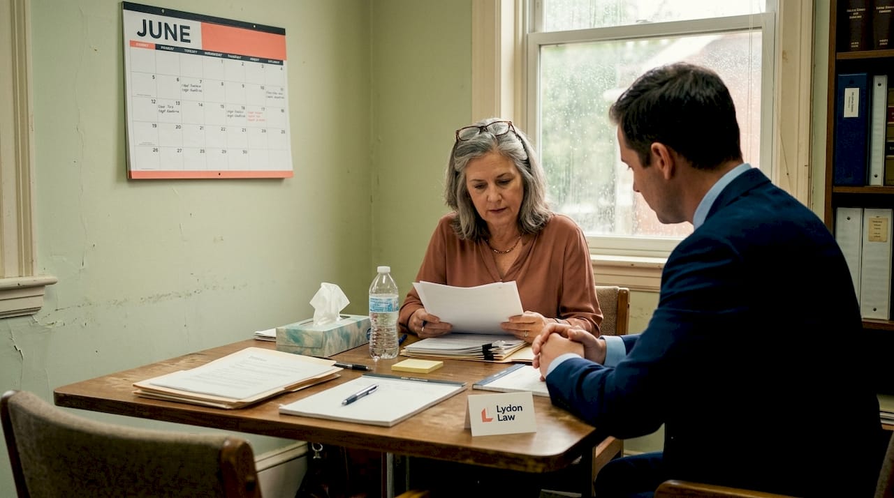 Client consulting attorney at conference table