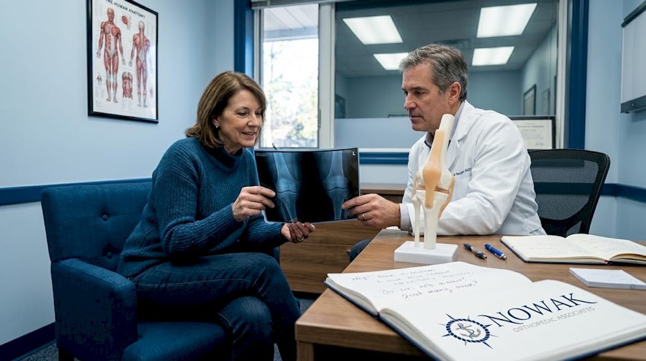 Patient reviewing knee x-ray with doctor in clinic