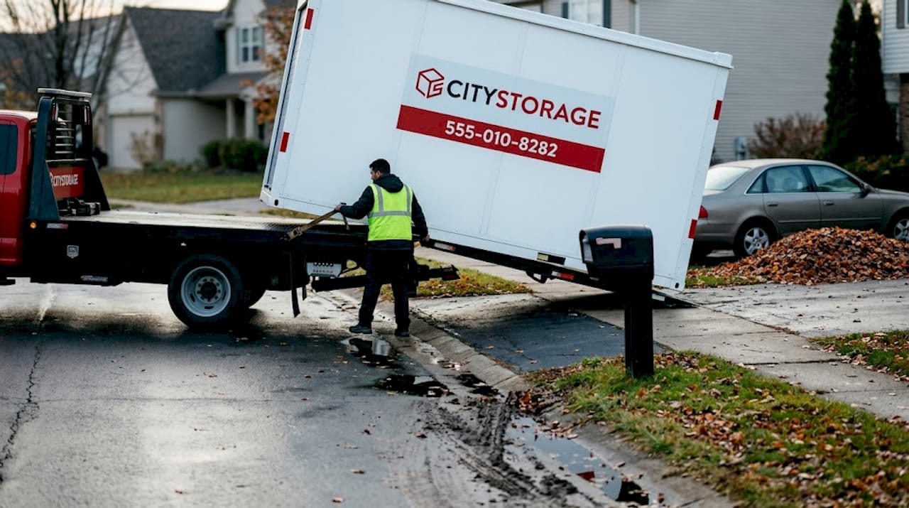 Portable storage container delivery to driveway