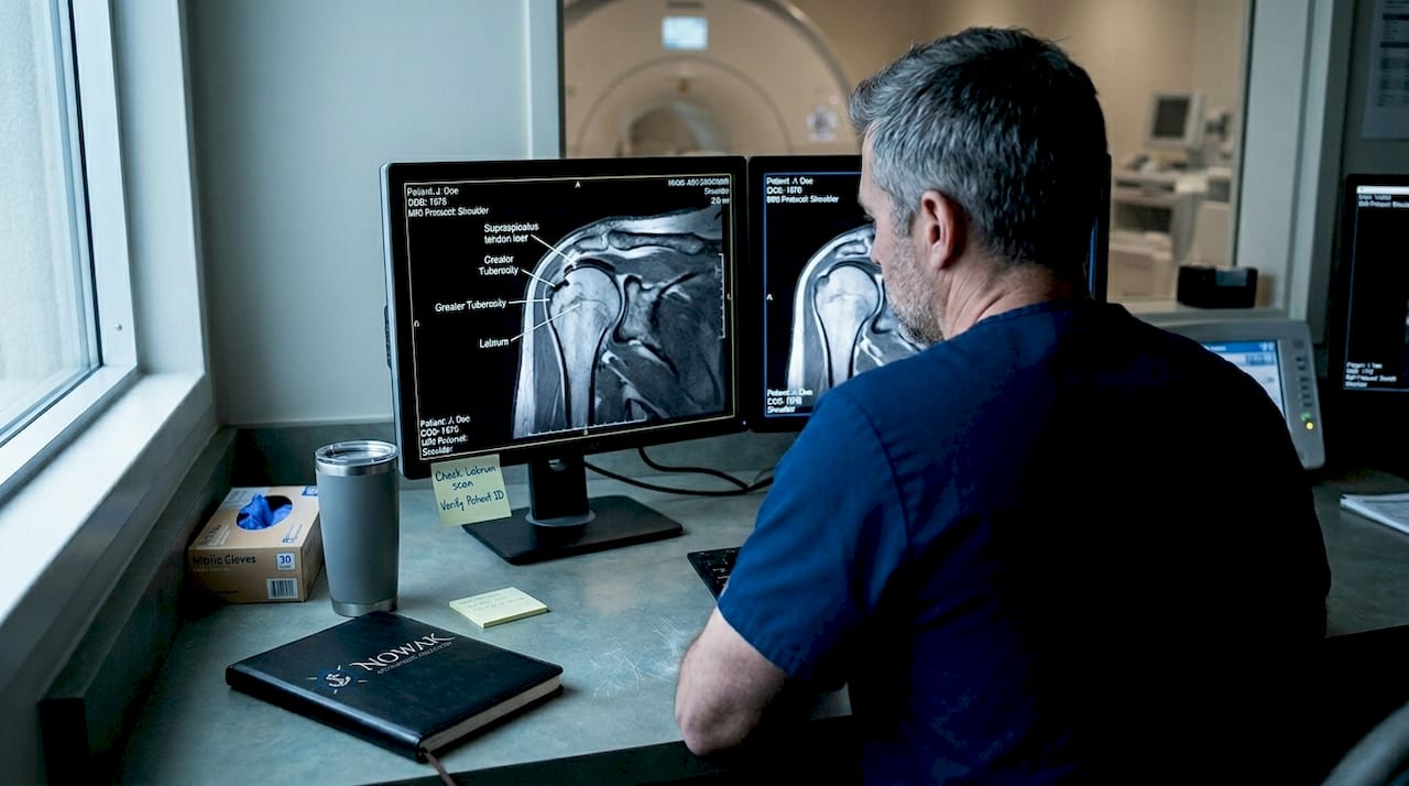Technician reviews MRI shoulder scan at monitor