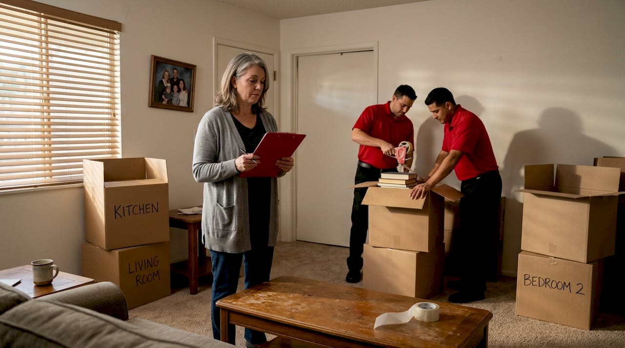 Family observing packers sealing boxes