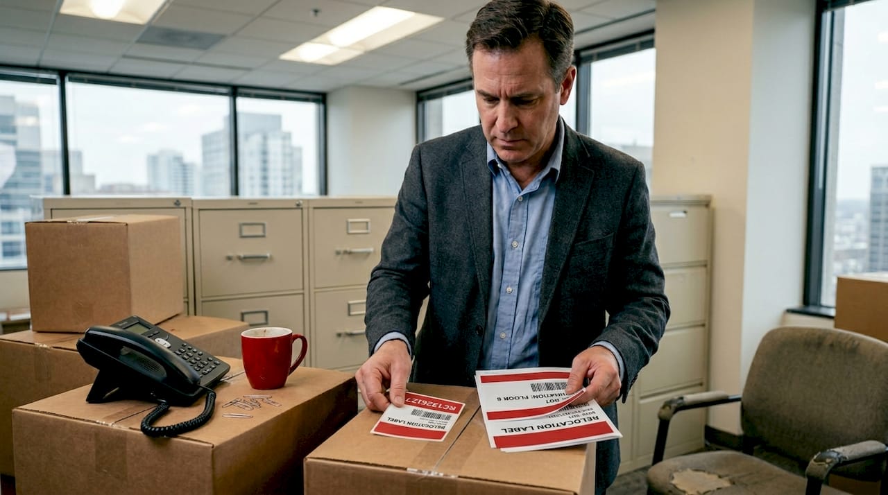 Office manager with boxes during move
