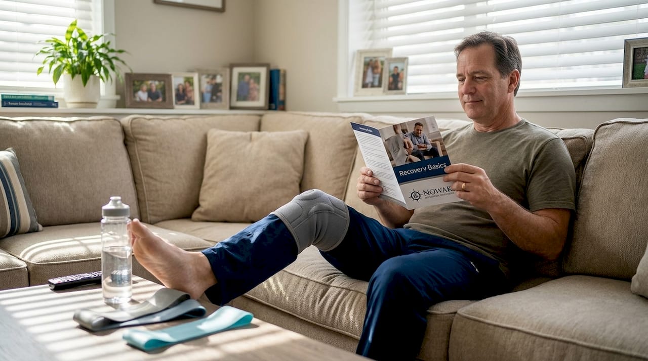 Man recovering after knee arthroscopy at home