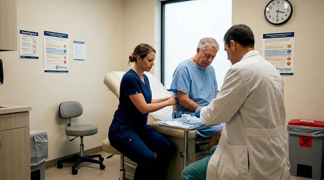 Nurse assists during bone marrow aspiration