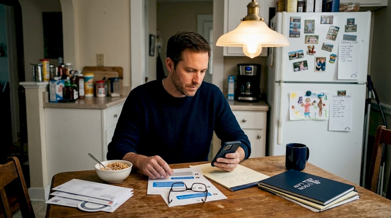 Person authenticating texts at kitchen table