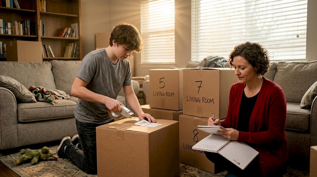 Teen and mom labeling moving boxes at home