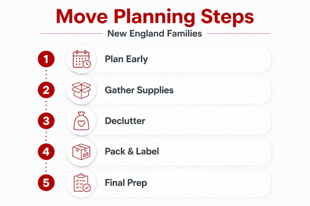 Vertical flow infographic listing move planning steps