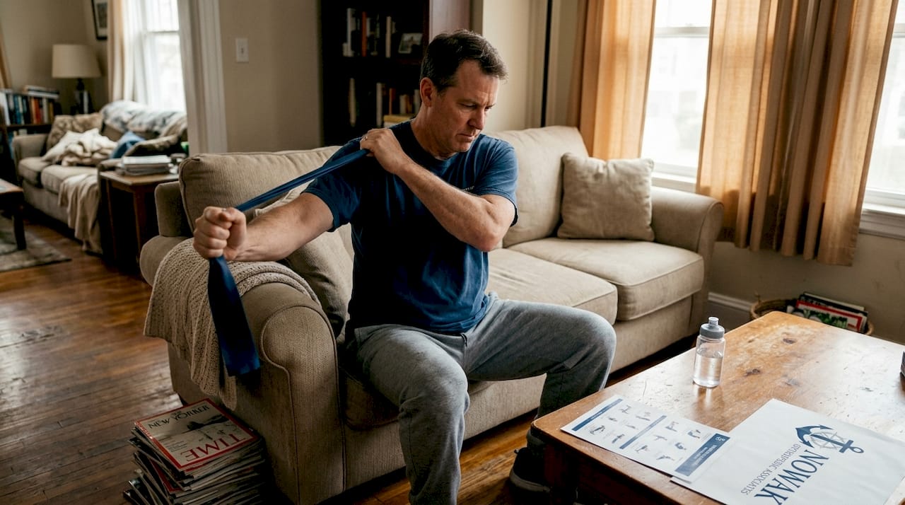 Middle-aged man does therapy exercises at home