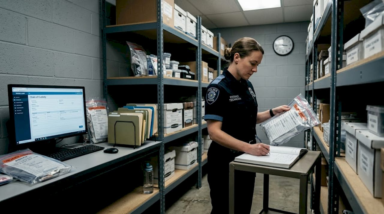 Evidence technician logging evidence in station room