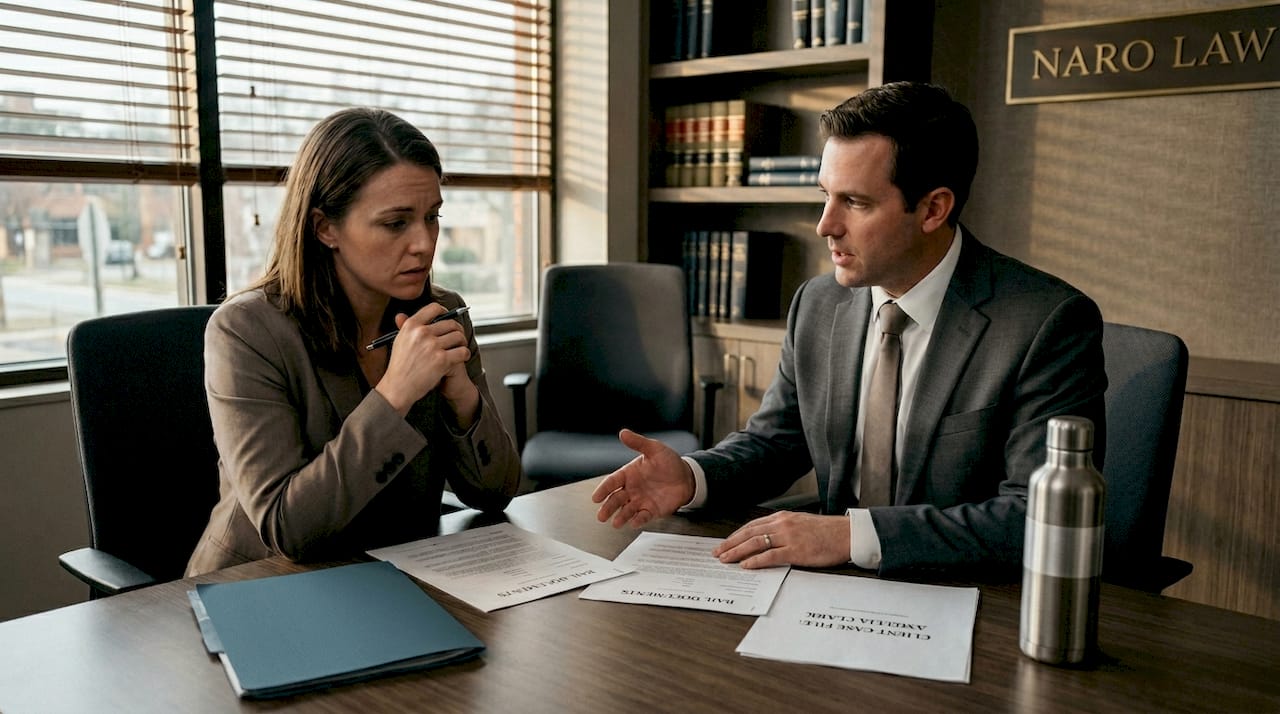 Attorney advising anxious client with documents
