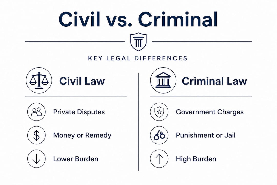 Civil versus criminal law side-by-side differences infographic