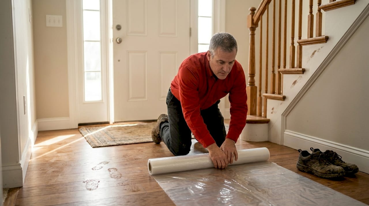 Homeowner covers floors to protect during move
