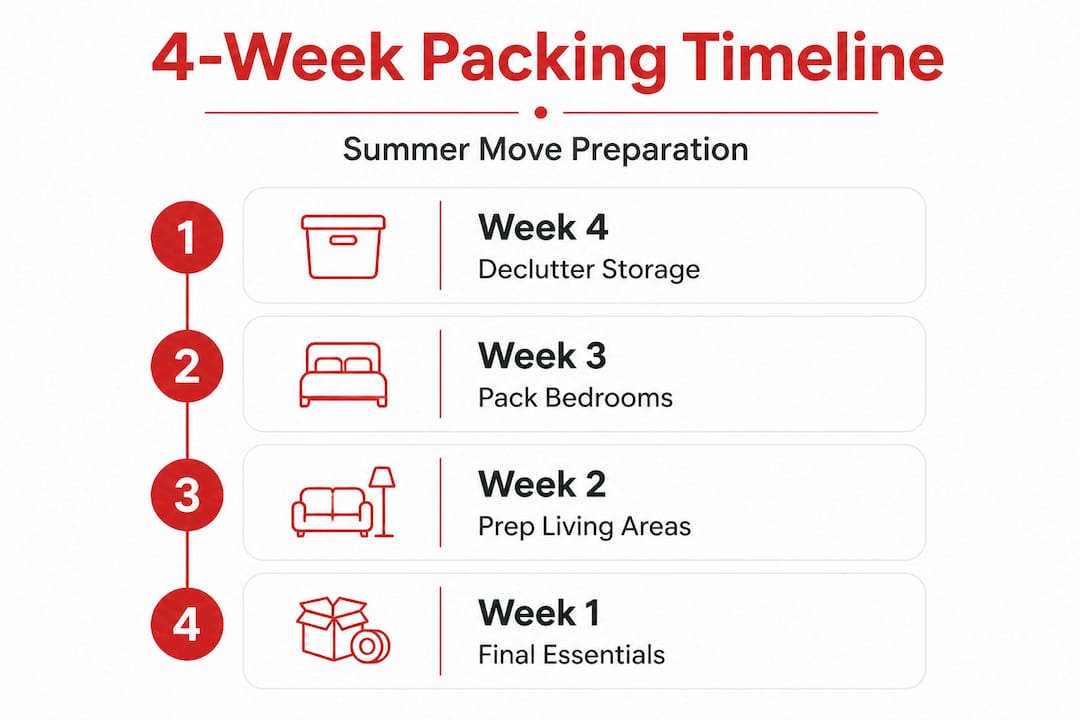 Infographic outlining four-week packing timeline for summer moves