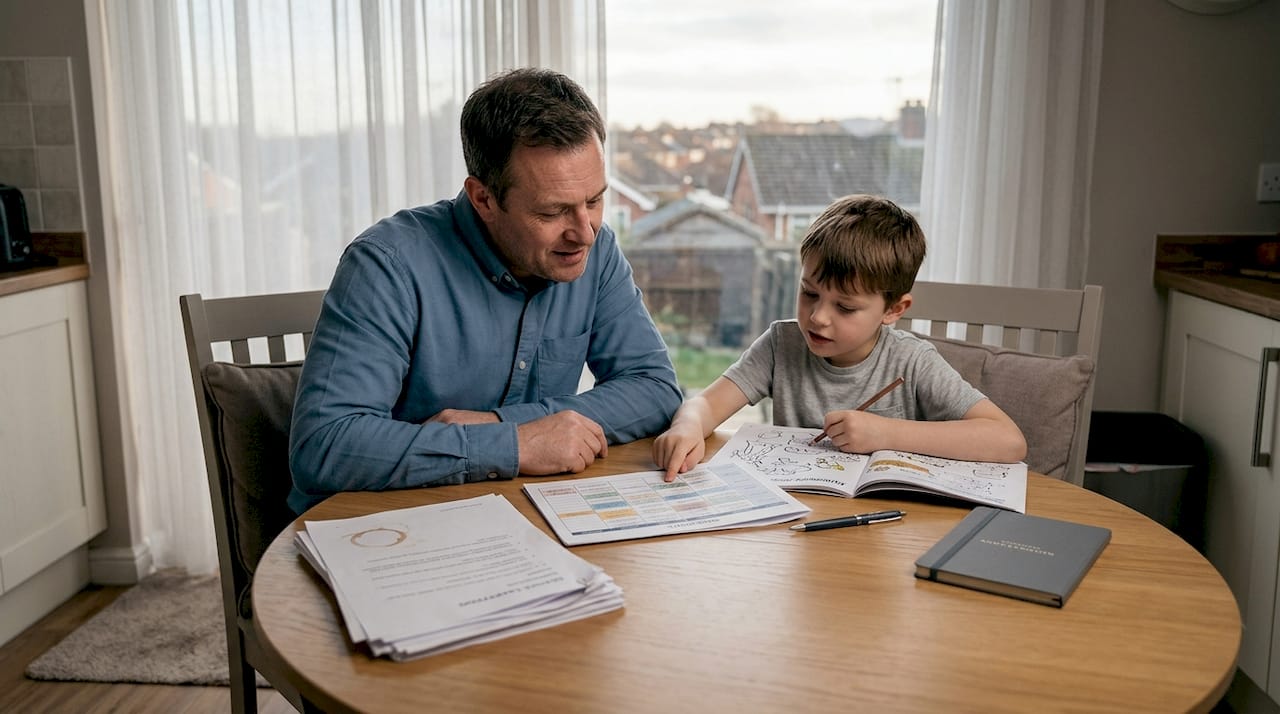 Parent and child review schedule at kitchen table