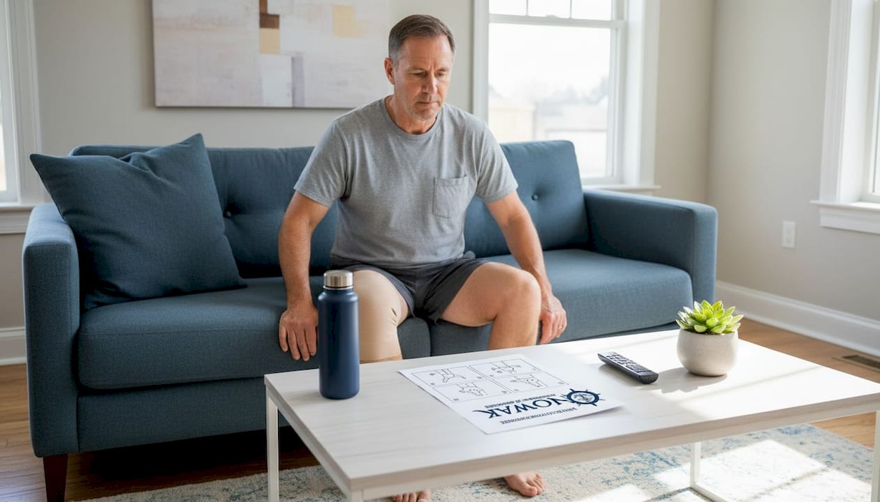 Man doing home knee recovery exercises