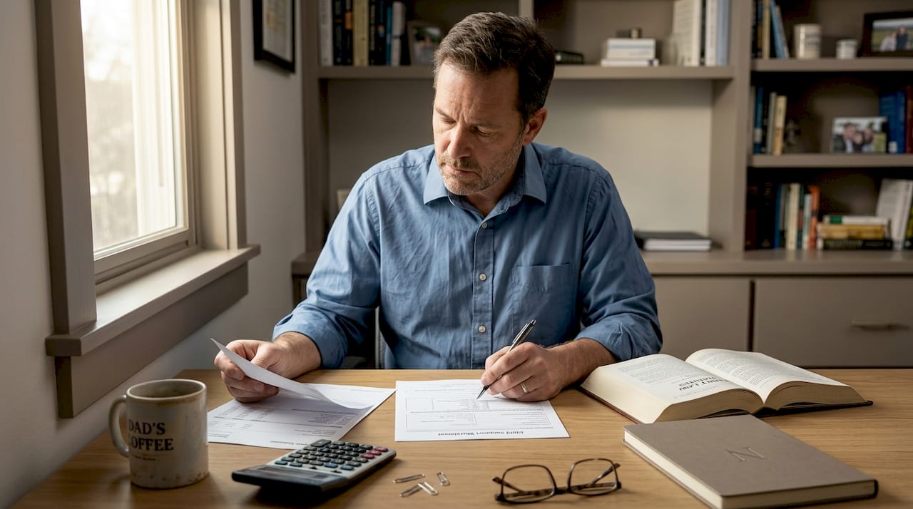 Father reviewing child support paperwork in home office