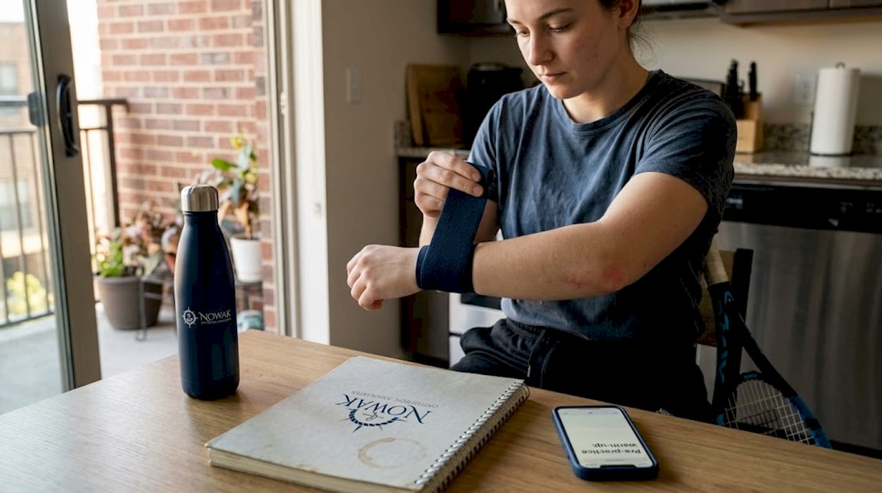 Woman prepares elbow with ergonomic routine