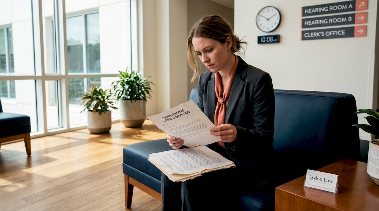 Woman reviewing license suspension papers in courthouse