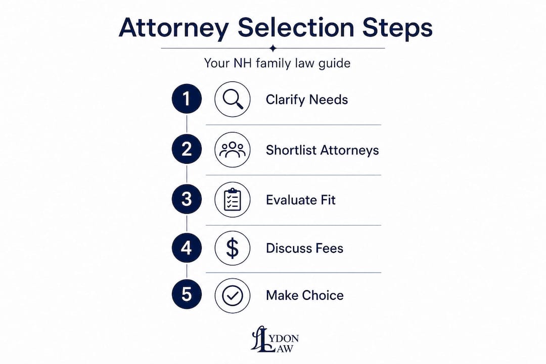 Infographic showing steps to choose family law attorney