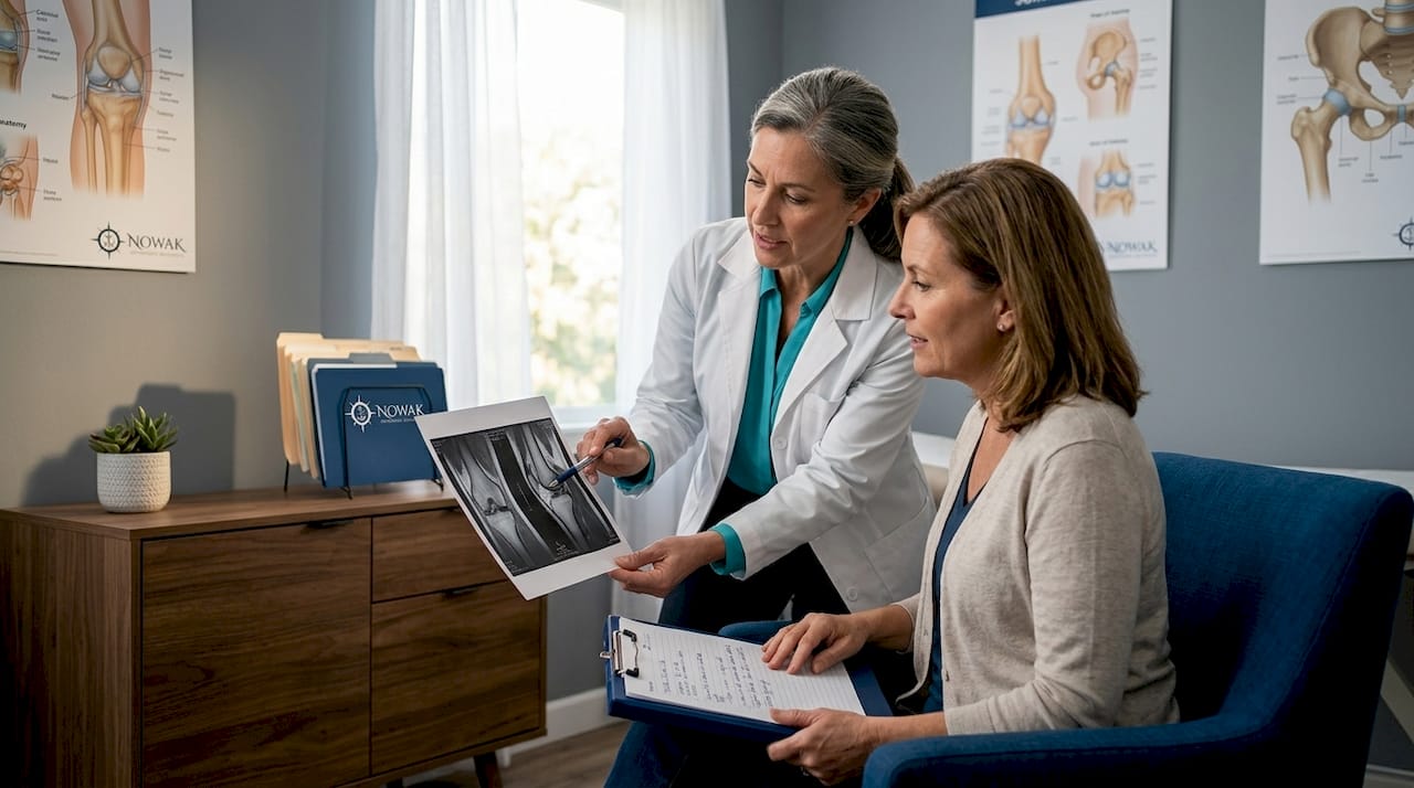 Doctor and patient review knee MRI results together