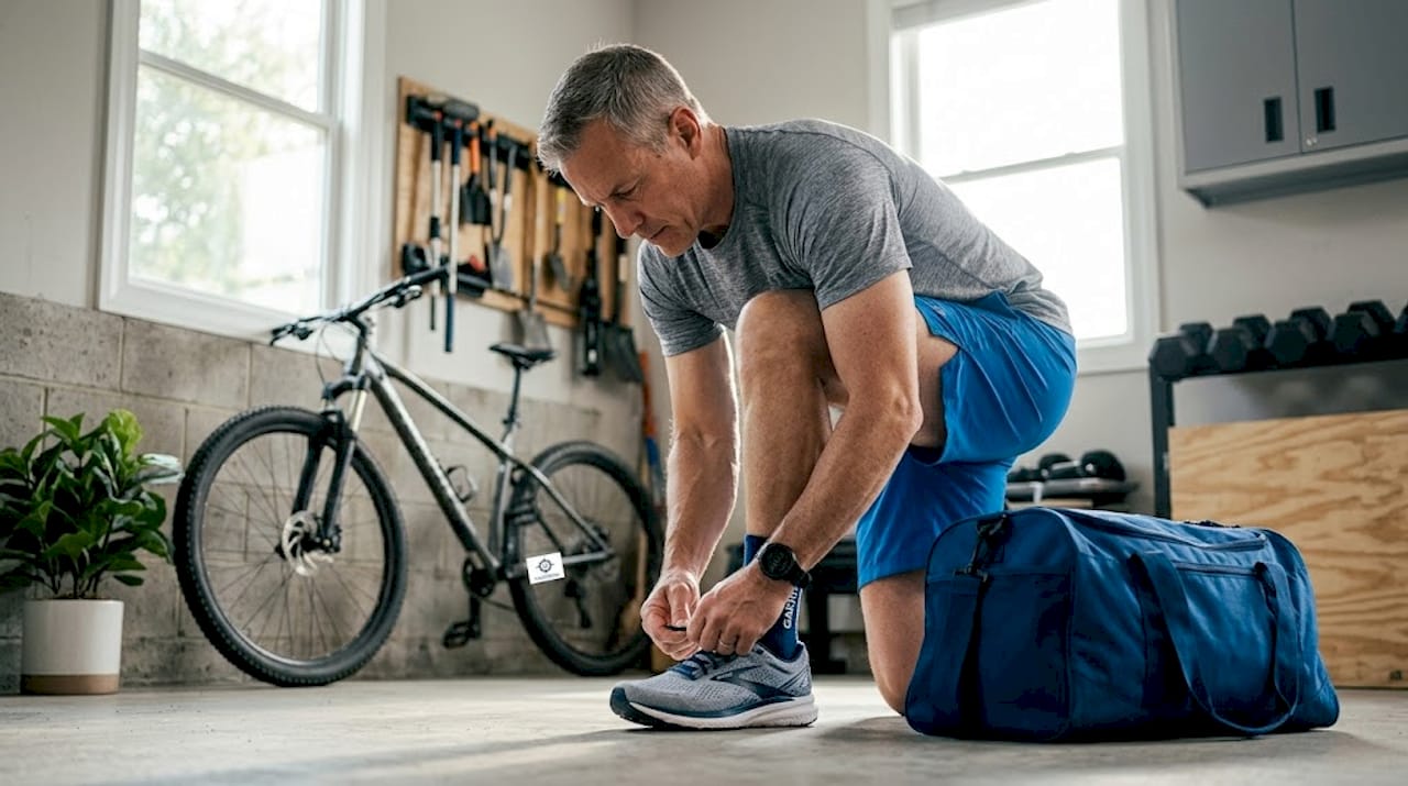 Man tying running shoes in entryway before exercise