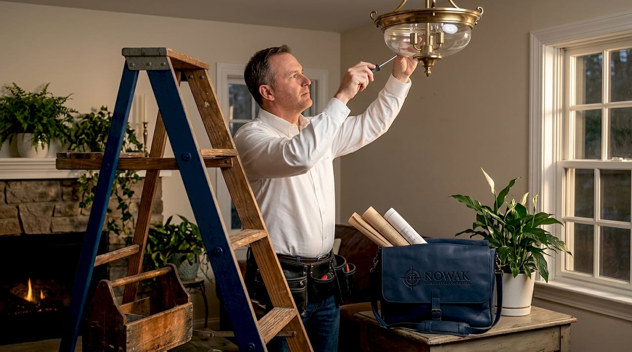 Electrician reaching overhead to adjust ceiling light