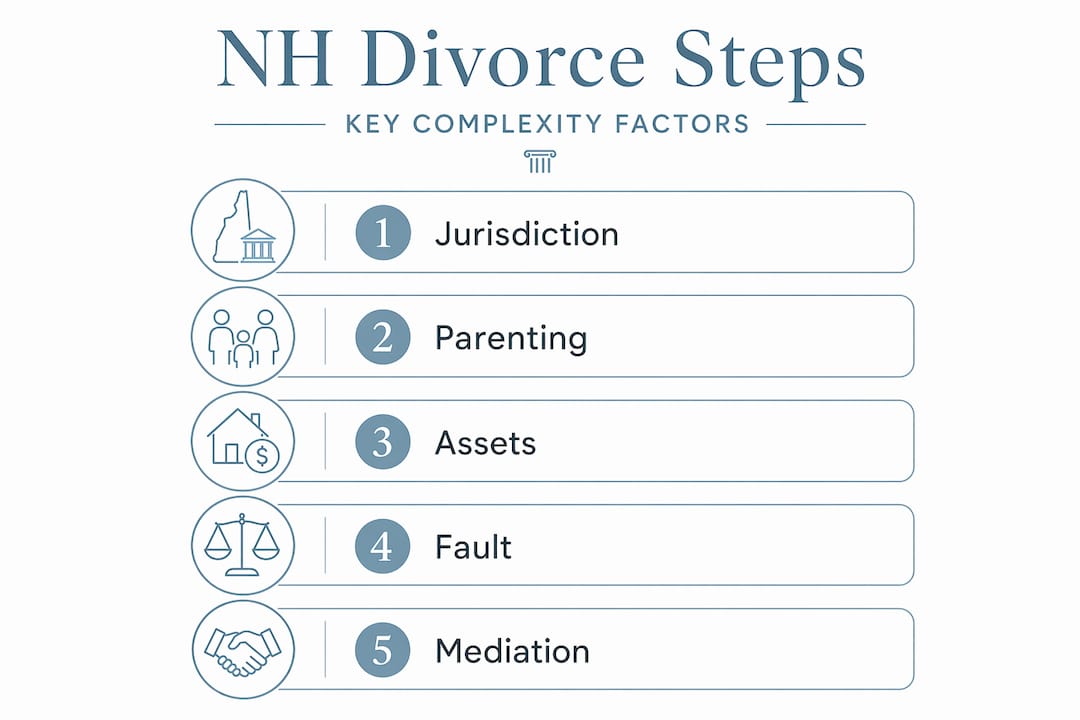 Infographic showing NH divorce steps and complexity