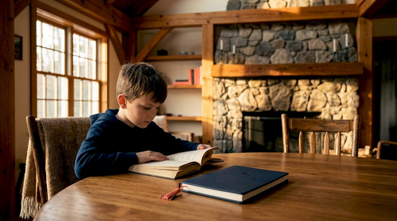 Boy reading at kitchen table family home