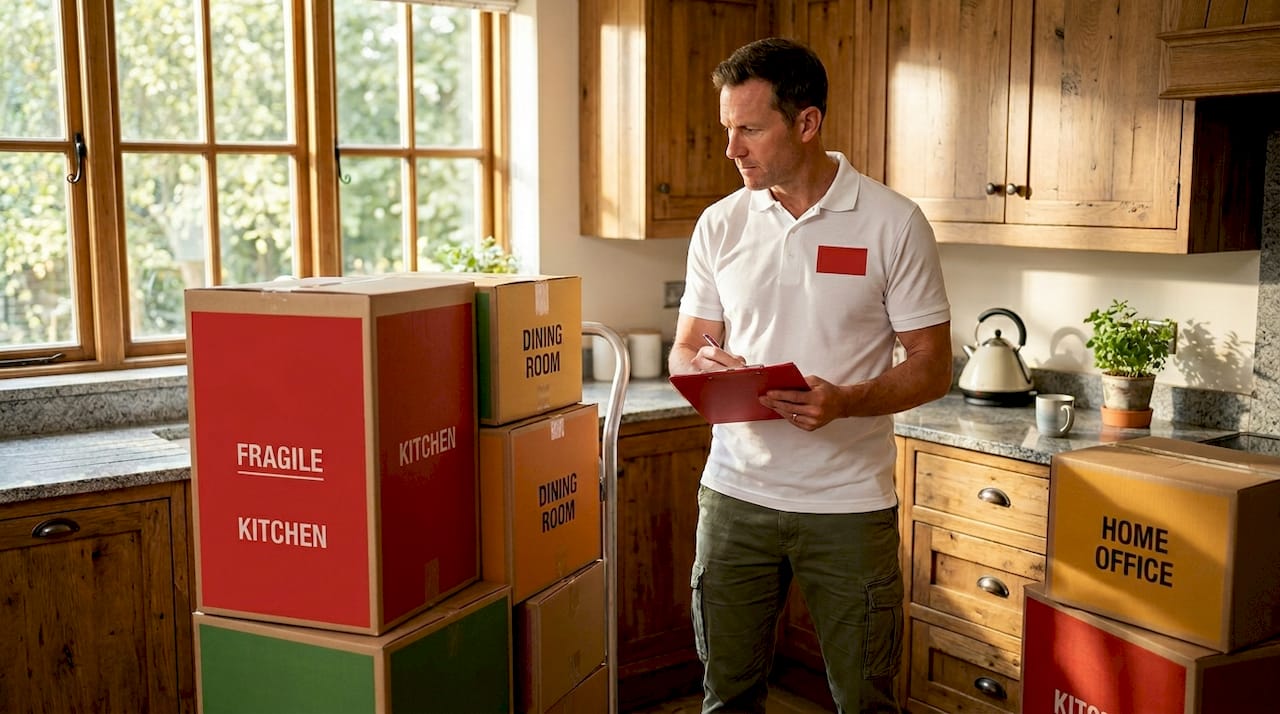 Mover checking inventory list by front door