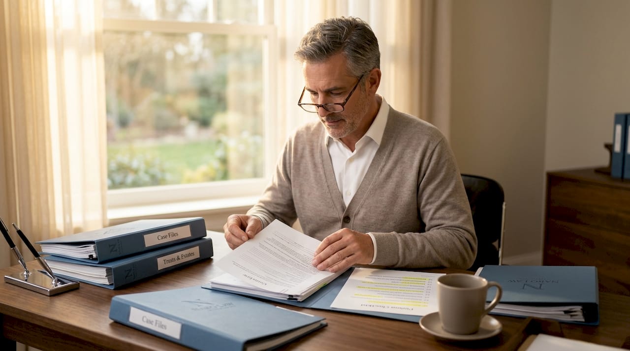 Man organizing paperwork at messy home office desk