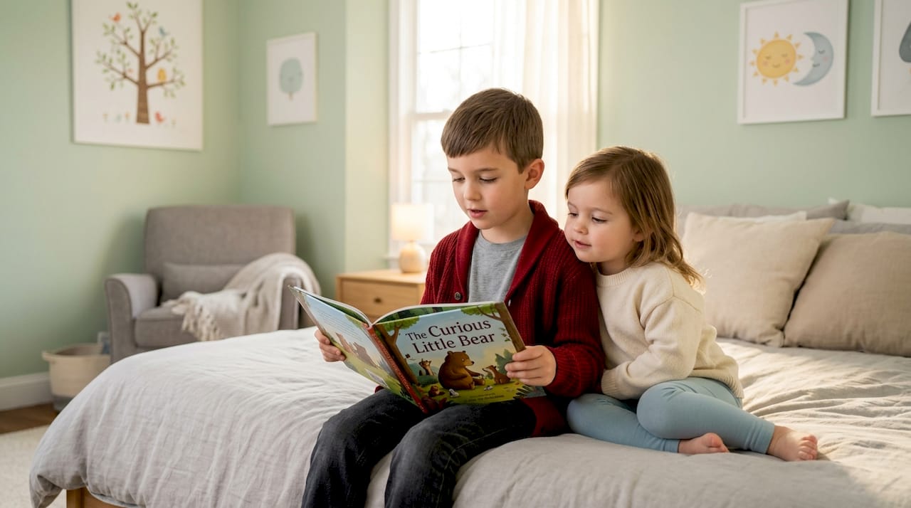 Child reading bedtime story in new bedroom