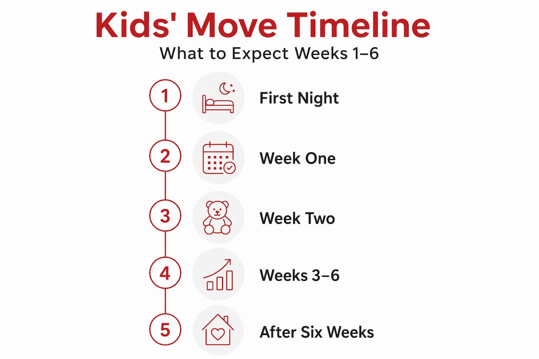 Infographic outlining timeline for kids adjusting after a move